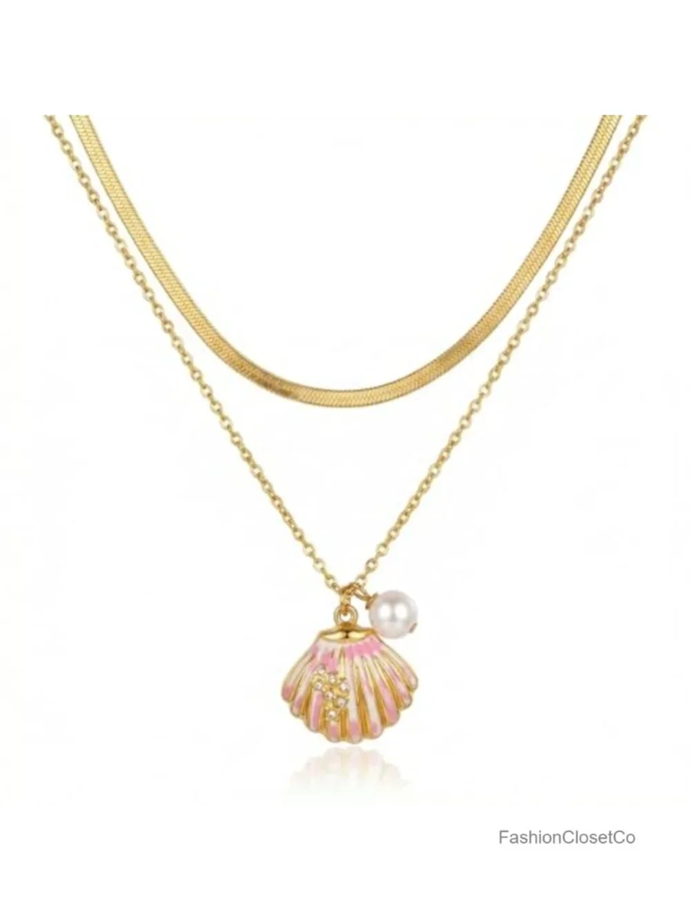 18K Gold Plated Stainless Steel Shell Pearl Pendant Necklace Layered